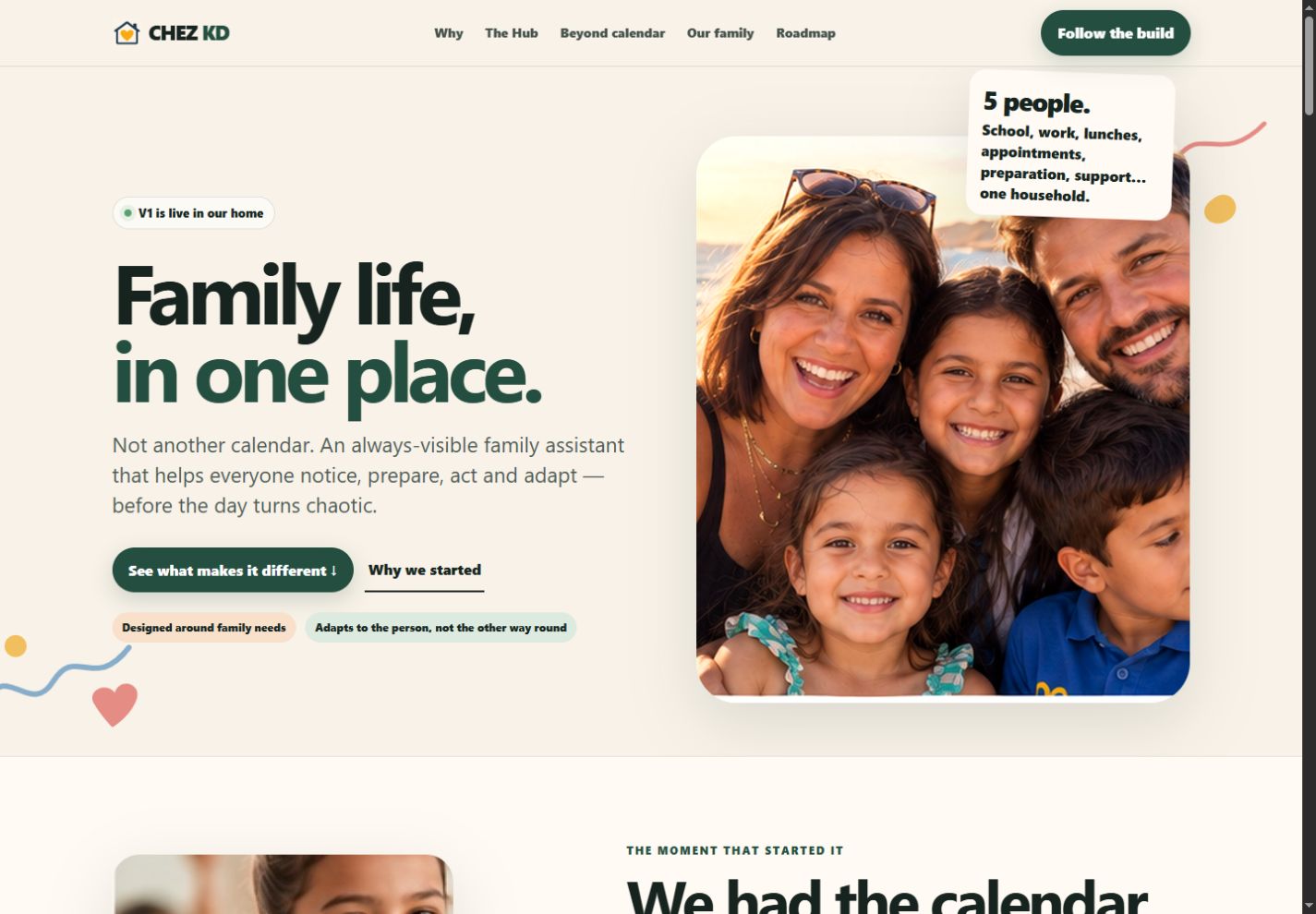 Chez KD homepage with the headline Family life, in one place and a family portrait.