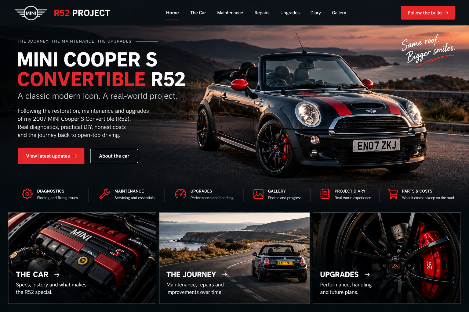 Approved AI-generated MINI Cooper S R52 website design concept in black and red, with a convertible and project journal sections; not a live website.