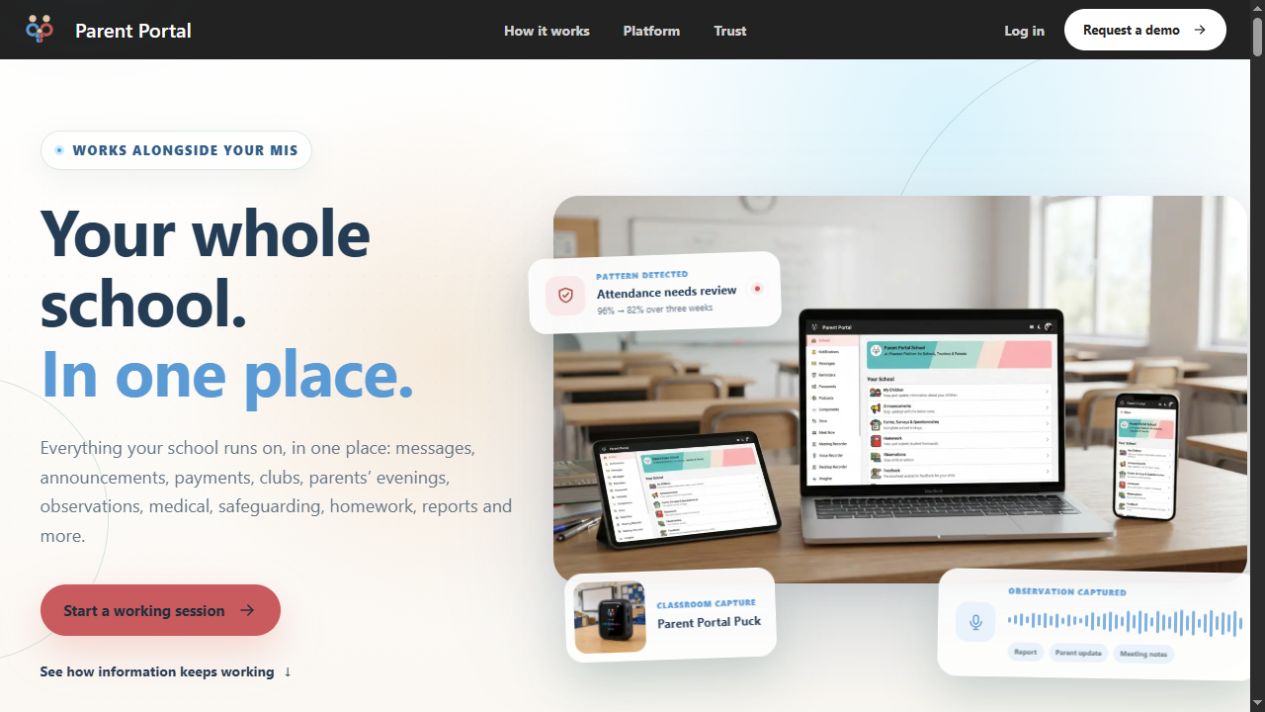 ParentPortal homepage showing the school platform across a laptop, tablet and phone.