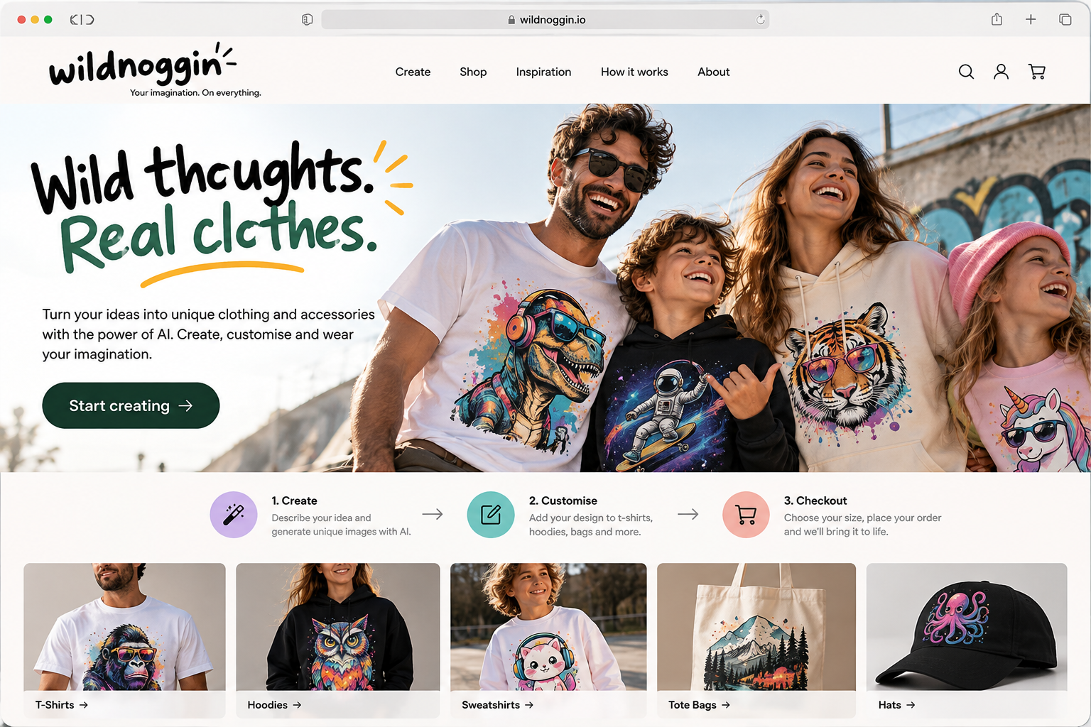 AI-generated Wildnoggin homepage concept showing personalised clothing and a proposed create, customise and checkout journey; not a live website.